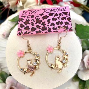 Betsey Johnson Kitty Cat Earrings Crystal Rhinestone Pierced NEW #2060